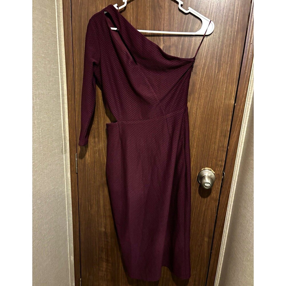 ASOS Burgundy One Shoulder 3/4 Sleeve Midi Bodycon Dress Side Slit Lined 6
